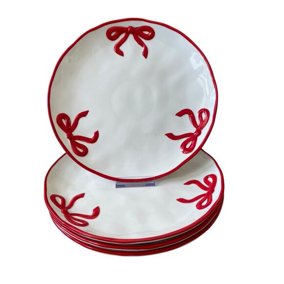 Hand Painted Coquette Red Bow Dinner Plates 10.25in White Ceramic Set of 4 NEW - Picture 11 of 13